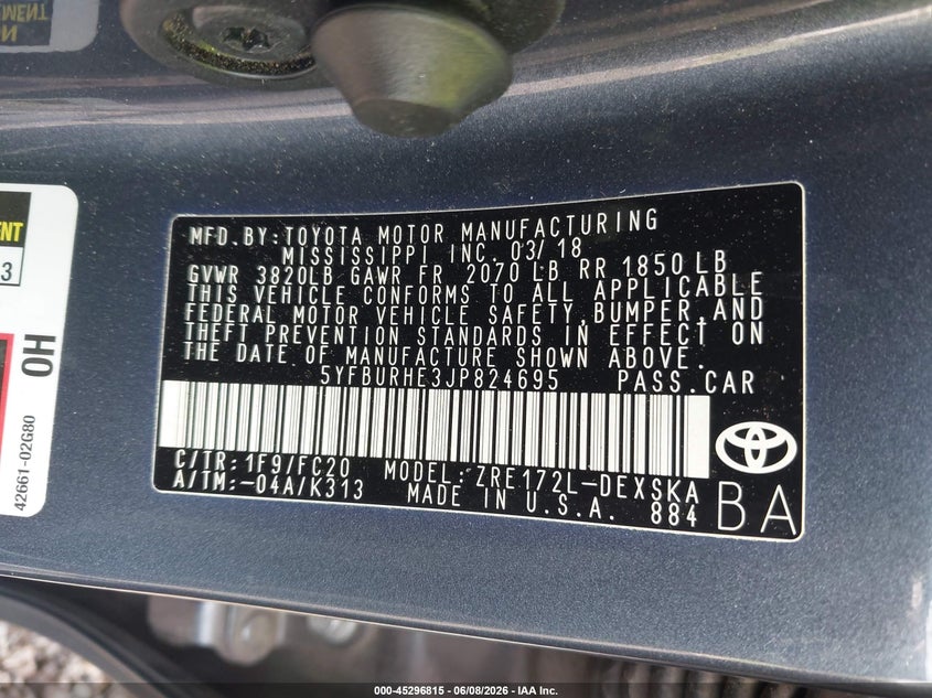 2018 Toyota Corolla VIN 5YFBURHE3JP824695 IAAI salvage auction — FRONT END, Salvage Title, sold $3,500 on 2026-07-24 (photo 9)