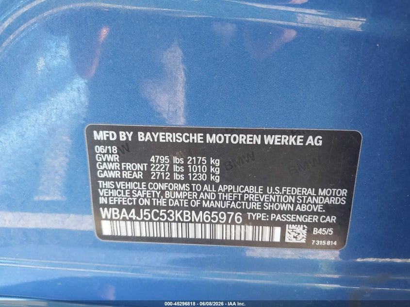 2019 BMW 4er VIN WBA4J5C53KBM65976 IAAI salvage auction — REAR END, Salvage Title, sold $7,300 on 2026-07-10 (photo 9)