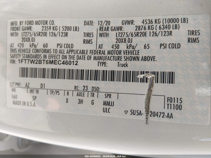 2021 Ford F250 VIN 1FT7W2BT6MEC46012 IAAI salvage auction — WATER/FLOOD, Salvage Title, sold $13,800 on 2026-07-30 (photo 9)