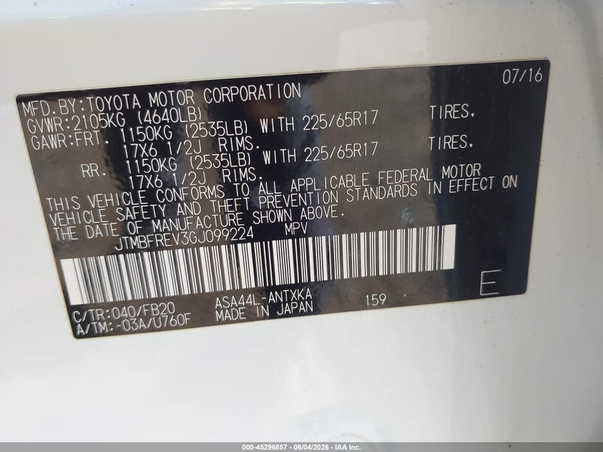 2016 Toyota Rav 4 VIN JTMBFREV3GJ099224 IAAI salvage auction — FRONT END, Salvage (New Jersey), sold $4,800 on 2026-07-22 (photo 9)