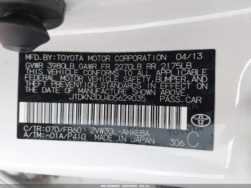 2013 Toyota Prius VIN JTDKN3DU4D5629035 IAAI salvage auction — RIGHT REAR, Salvage Title, sold $2,300 on 2026-07-13 (photo 9)
