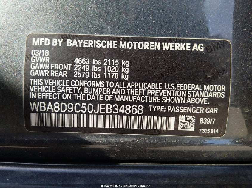 2018 BMW 3er VIN WBA8D9C50JEB34868 IAAI salvage auction — FRONT END, Salvage Title, sold $3,250 on 2026-08-12 (photo 9)