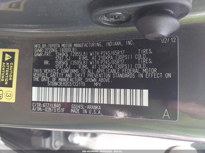 2012 Toyota Highlander VIN 5TDBK3EH2CS133119 IAAI salvage auction — FRONT END, Salvage Title, sold $3,000 on 2026-07-16 (photo 9)