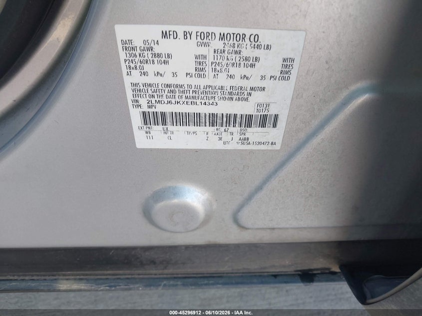 2014 Lincoln Mkx VIN 2LMDJ6JKXEBL14343 IAAI salvage auction — REPOSSESSION, Salvage Title, sold $2,050 on 2026-07-17 (photo 9)