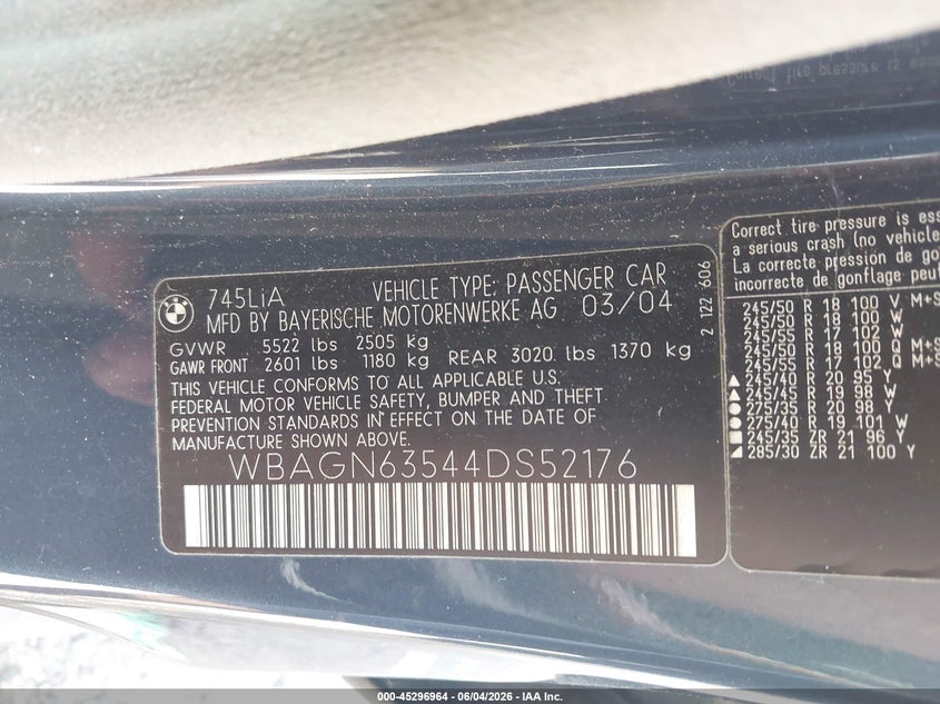 2004 BMW 7 series VIN WBAGN63544DS52176 IAAI salvage auction — NORMAL WEAR, Salvage (Texas), sold $350 on 2026-07-29 (photo 9)