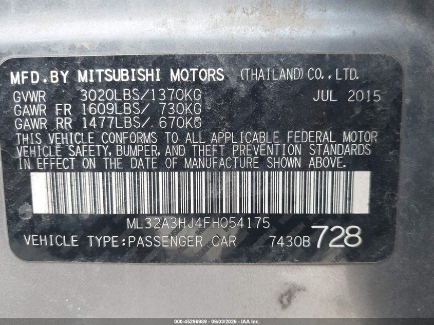 2015 Mitsubishi Mirage VIN ML32A3HJ4FH054175 IAAI salvage auction — LEFT SIDE, Salvage Title, sold $575 on 2026-07-06 (photo 9)