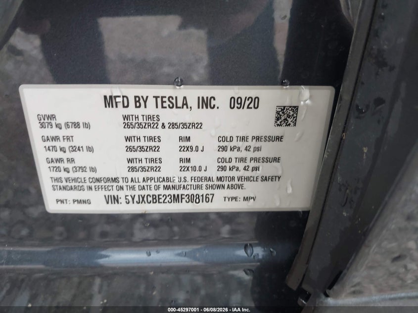 2021 Tesla Model x VIN 5YJXCBE23MF308167 IAAI salvage auction — HAIL, Salvage Title, sold $16,600 on 2026-07-30 (photo 9)