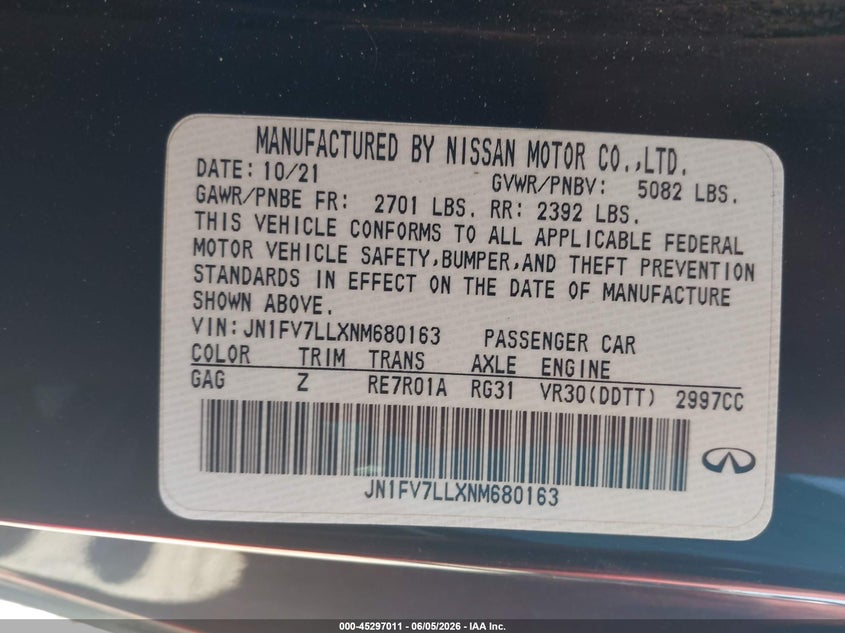 2022 Infiniti Q60 VIN JN1FV7LLXNM680163 IAAI salvage auction — FRONT END, Salvage Title, sold $8,050 on 2026-07-15 (photo 9)