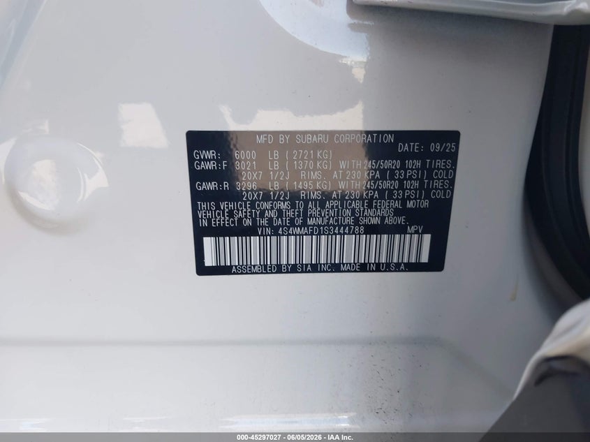 2025 Subaru Ascent VIN 4S4WMAFD1S3444788 IAAI salvage auction — FRONT END, Salvage Title, sold $10,200 on 2026-07-16 (photo 9)