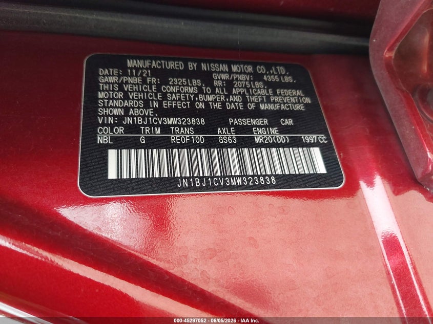 2021 Nissan Rogue VIN JN1BJ1CV3MW323838 IAAI salvage auction — HAIL, Salvage Title, sold $7,900 on 2026-07-14 (photo 9)