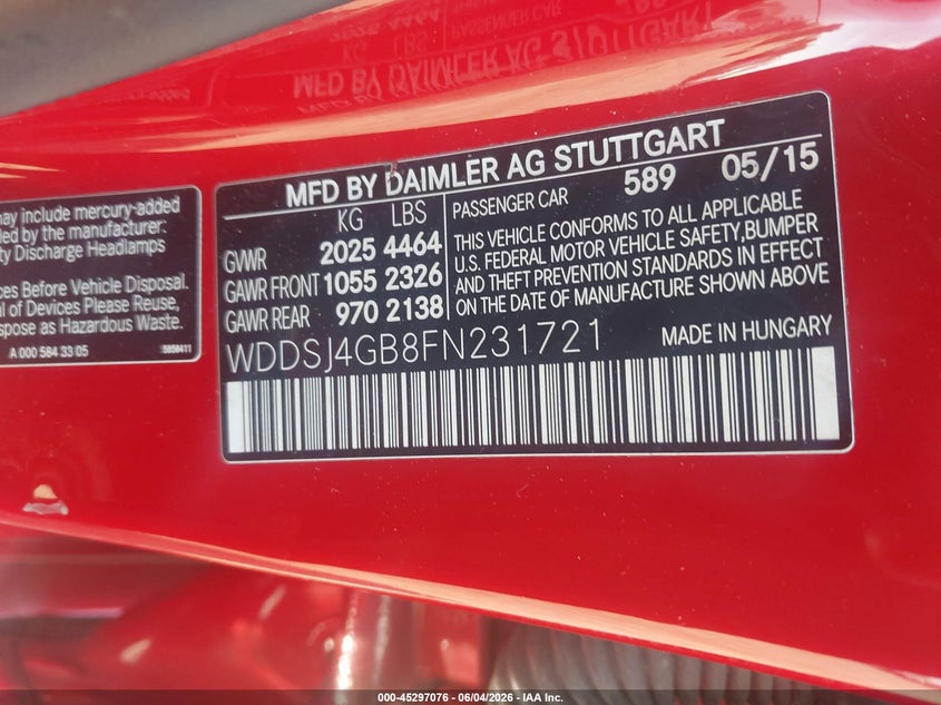 2015 Mercedes-benz Cla-klasse VIN WDDSJ4GB8FN231721 IAAI salvage auction — UNDERCARRIAGE, Salvage Title, sold $1,300 on 2026-08-18 (photo 9)