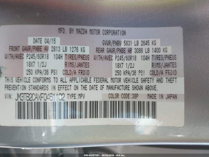2015 Mazda Cx-9 VIN JM3TB2CAXF0461102 IAAI salvage auction — LEFT SIDE, Rebuildable (Florida), sold $2,200 on 2026-09-02 (photo 9)
