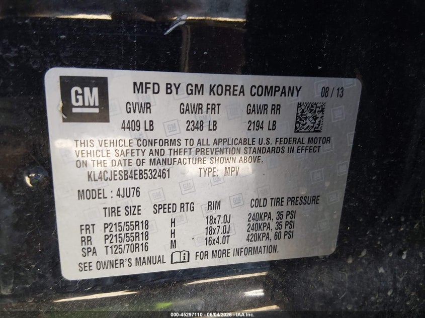 2014 Buick Encore VIN KL4CJESB4EB532461 IAAI salvage auction — FRONT & REAR, Salvage Title, sold $250 on 2026-07-28 (photo 9)