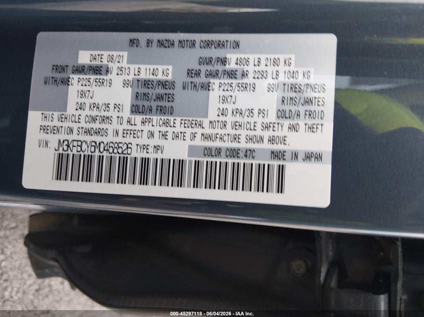 2021 Mazda Cx-5 VIN JM3KFBCY6M0468526 IAAI salvage auction — REAR END, Salvage Title, sold $7,225 on 2026-07-21 (photo 9)