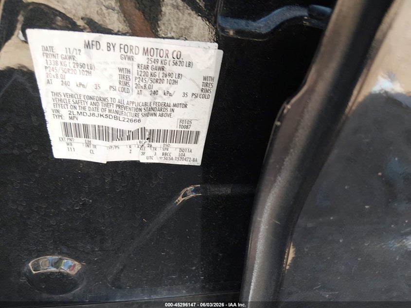 2013 Lincoln Mkx VIN 2LMDJ8JK5DBL22666 IAAI salvage auction — NORMAL WEAR, Clear (Tennessee), sold $825 on 2026-07-09 (photo 9)