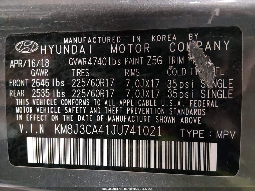 2018 Hyundai Tucson VIN KM8J3CA41JU741021 IAAI salvage auction — HAIL, Salvage (Iowa), sold $6,000 on 2026-07-16 (photo 9)
