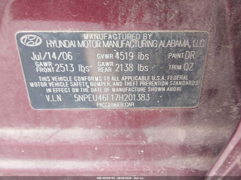2007 Hyundai Sonata VIN 5NPEU46F17H201383 IAAI salvage auction — NORMAL WEAR, Clear (Alabama), sold $25 on 2026-07-23 (photo 9)