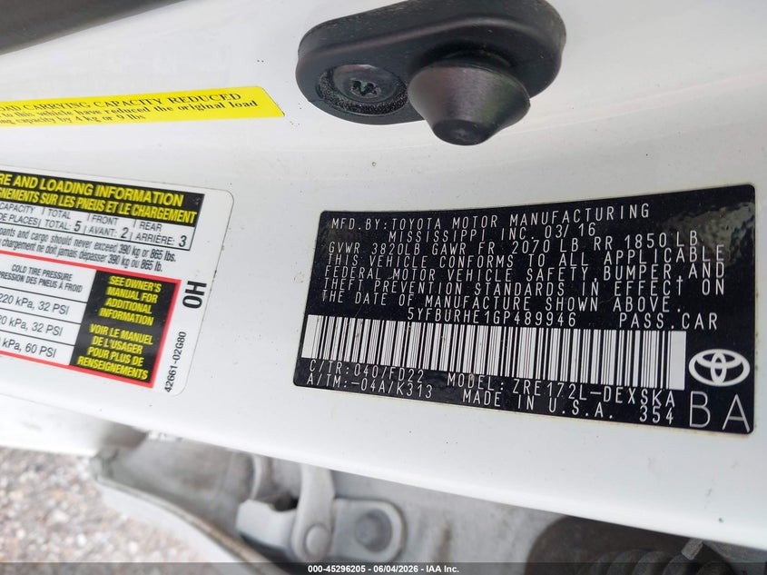 2016 Toyota Corolla VIN 5YFBURHE1GP489946 IAAI salvage auction — FRONT END, Salvage Title, sold $1,800 on 2026-07-29 (photo 9)