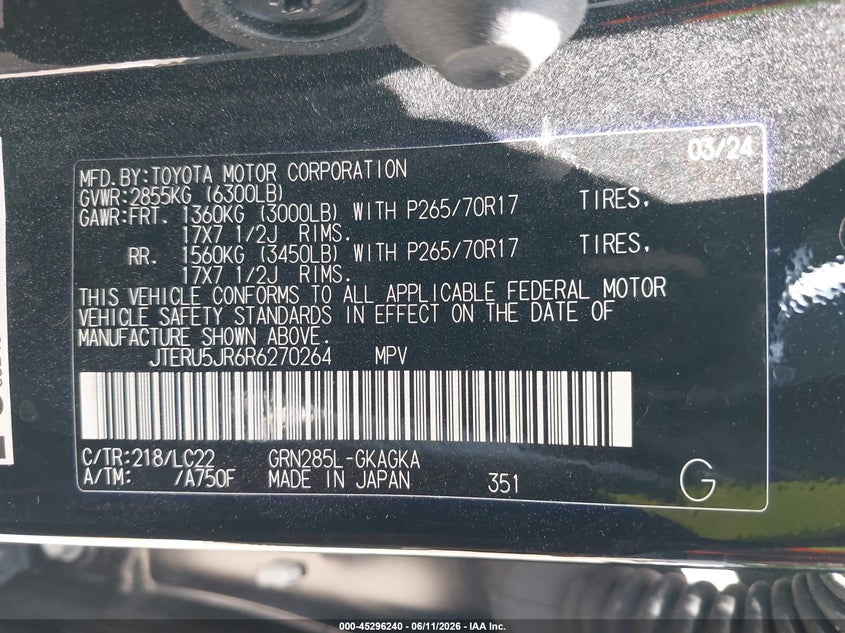 2024 Toyota 4runner VIN JTERU5JR6R6270264 IAAI salvage auction — RIGHT SIDE, Salvage Title, sold $17,500 on 2026-07-28 (photo 9)