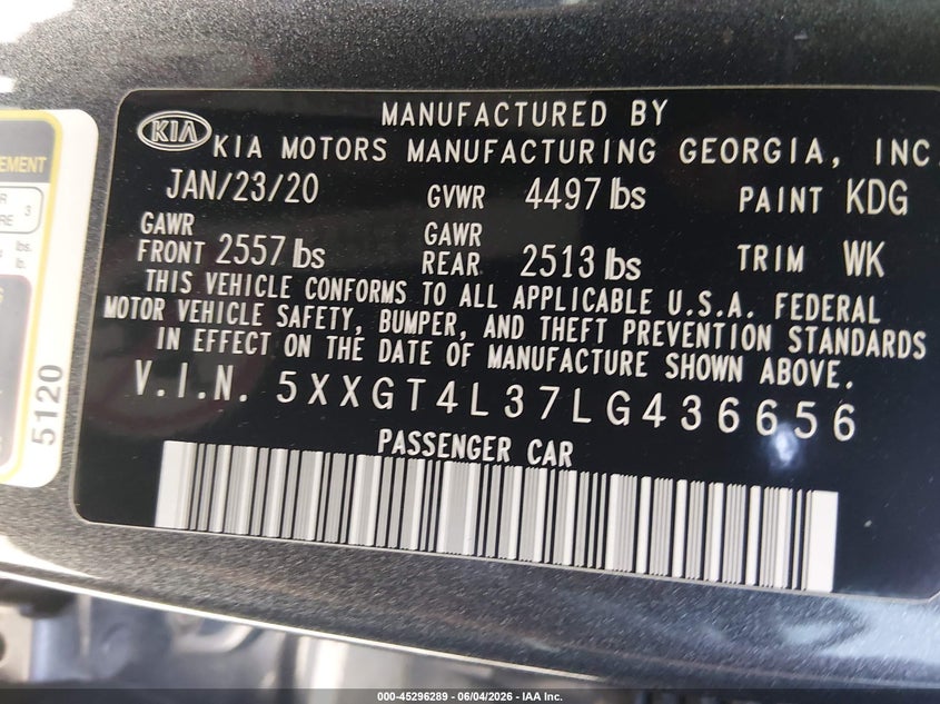 2020 Kia Optima VIN 5XXGT4L37LG436656 IAAI salvage auction — LEFT FRONT, Salvage (South Carolina), sold $2,025 on 2026-07-24 (photo 9)