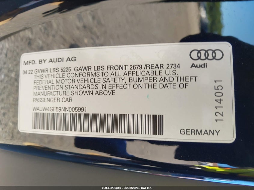 2022 Audi S5 VIN WAUW4GF59NN005991 IAAI salvage auction — FRONT END, Salvage Title, sold $6,200 on 2026-07-21 (photo 9)