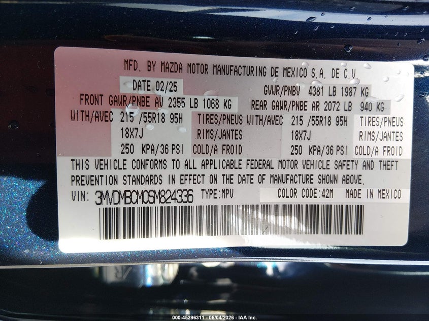 2025 Mazda Cx-30 VIN 3MVDMBCM0SM824336 IAAI salvage auction — LEFT SIDE, Rebuildable (Florida), sold $7,350 on 2026-08-20 (photo 9)