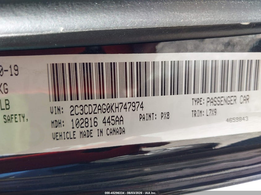 2019 Dodge Challenger VIN 2C3CDZAG0KH747974 IAAI salvage auction — REAR END, Salvage Title, sold $5,400 on 2026-07-27 (photo 9)