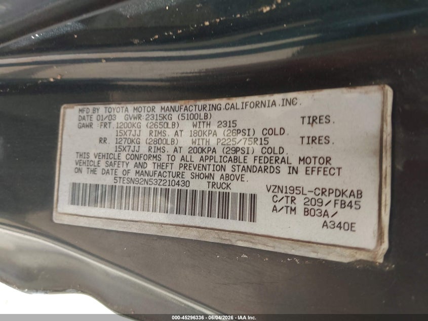 2003 Toyota Tacoma VIN 5TESN92N53Z210430 IAAI salvage auction — ROLLOVER, Salvage (Mississippi), sold $1,600 on 2026-07-08 (photo 9)