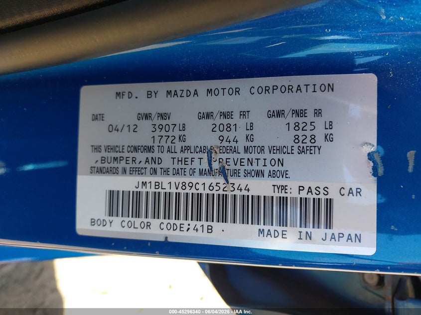 2012 Mazda 3 VIN JM1BL1V89C1652344 IAAI salvage auction — LEFT FRONT, Salvage Title, sold $875 on 2026-07-15 (photo 9)