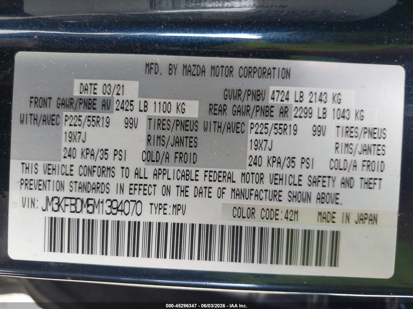 2021 Mazda Cx-5 VIN JM3KFBDM5M1394070 IAAI salvage auction — ALL OVER, Wait Title, sold $1,475 on 2026-09-14 (photo 9)