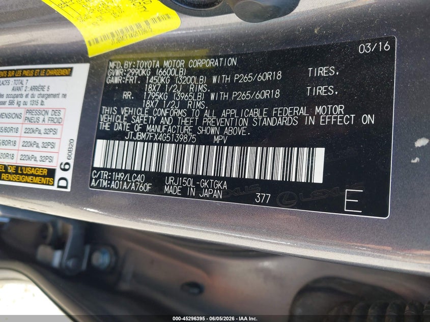 2016 Lexus Gx VIN JTJBM7FX4G5139875 IAAI salvage auction — LEFT SIDE, Salvage Title, sold $12,900 on 2026-07-17 (photo 9)