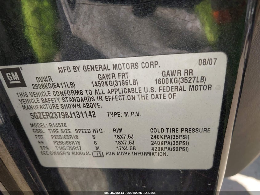 2008 Saturn Outlook VIN 5GZER23798J131142 IAAI salvage auction — FRONT END, Clear (Indiana), sold $475 on 2026-07-08 (photo 9)