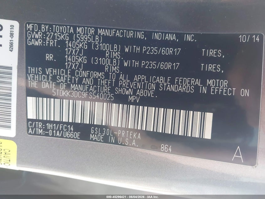 2015 Toyota Sienna VIN 5TDKK3DC9FS540025 IAAI salvage auction — FRONT END, Salvage Title, sold $1,500 on 2026-07-22 (photo 9)