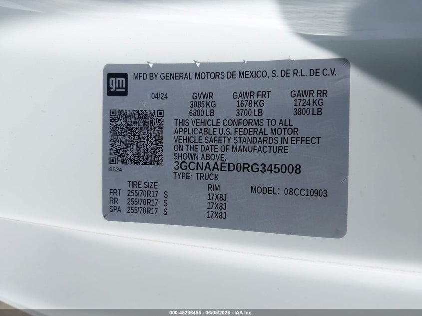 2024 Chevrolet Silverado VIN 3GCNAAED0RG345008 IAAI salvage auction — RIGHT FRONT, Salvage (Massachusetts), sold $8,050 on 2026-07-31 (photo 9)