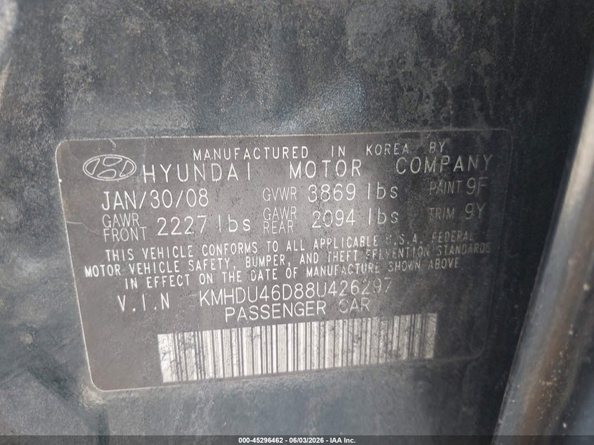 2008 Hyundai Elantra VIN KMHDU46D88U426297 IAAI salvage auction — NORMAL WEAR, Clear (Maryland), sold $400 on 2026-07-16 (photo 9)