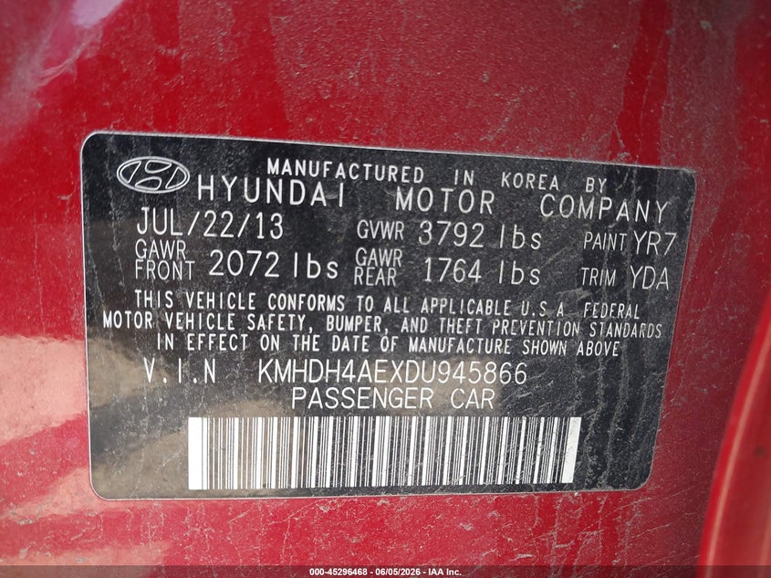 2013 Hyundai Elantra VIN KMHDH4AEXDU945866 IAAI salvage auction — RIGHT FRONT, Salvage Title, sold $550 on 2026-07-10 (photo 9)