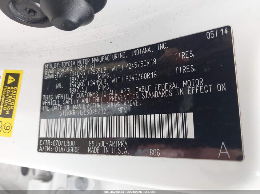 2014 Toyota Highlander VIN 5TDKKRFH3ES029212 IAAI salvage auction — FRONT END, Salvage Title, sold $6,500 on 2026-07-08 (photo 9)