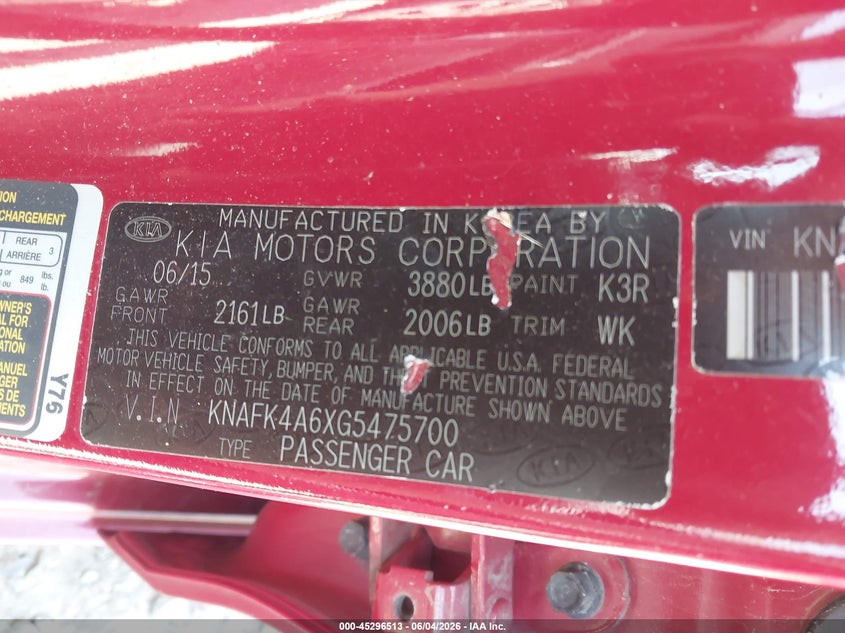 2016 Kia Forte VIN KNAFK4A6XG5475700 IAAI salvage auction — LEFT REAR, Salvage Title, sold $550 on 2026-07-22 (photo 9)