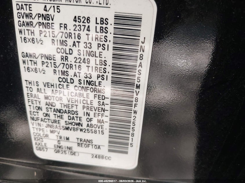 2015 Nissan Rogue VIN JN8AS5MV8FW255815 IAAI salvage auction — NORMAL WEAR, Clear (Virginia), sold $425 on 2026-07-30 (photo 9)