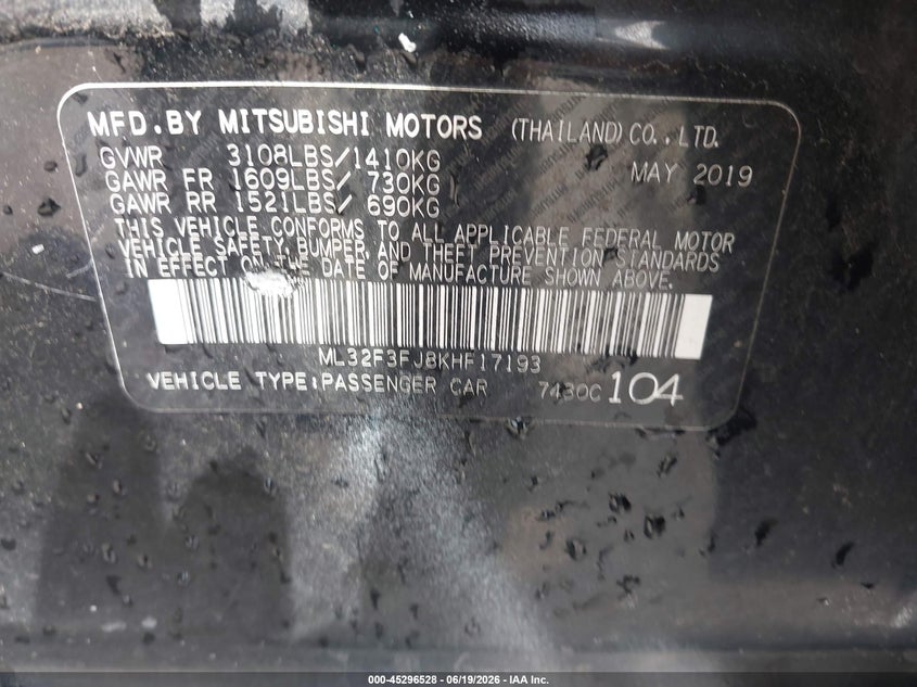 2019 Mitsubishi Mirage VIN ML32F3FJ8KHF17193 IAAI salvage auction — SIDE, Salvage (North Carolina), sold $1,100 on 2026-07-20 (photo 9)