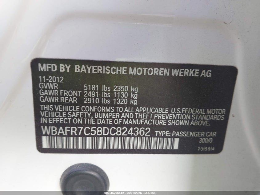 2013 BMW 5er VIN WBAFR7C58DC824362 IAAI salvage auction — FRONT END, Original (Texas), sold $2,100 on 2026-07-21 (photo 9)