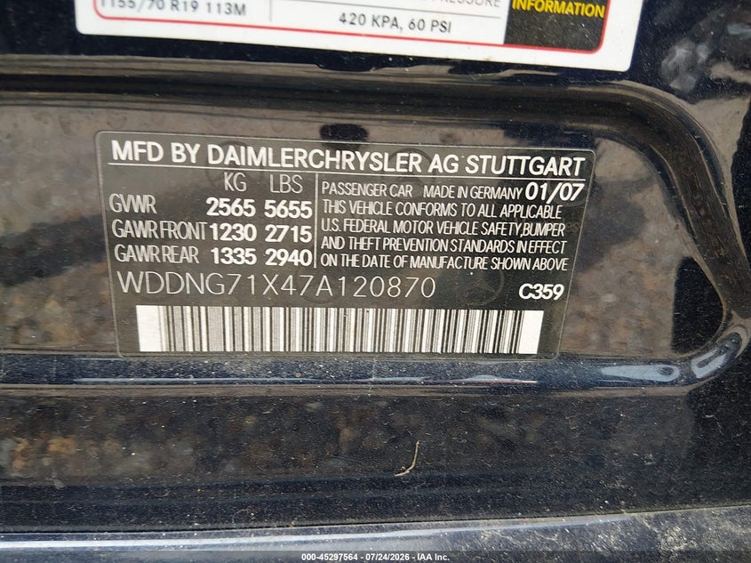 2007 Mercedes-benz S class VIN WDDNG71X47A120870 IAAI salvage auction — LEFT REAR, Clear (Tennessee), sold $550 on 2026-08-04 (photo 9)