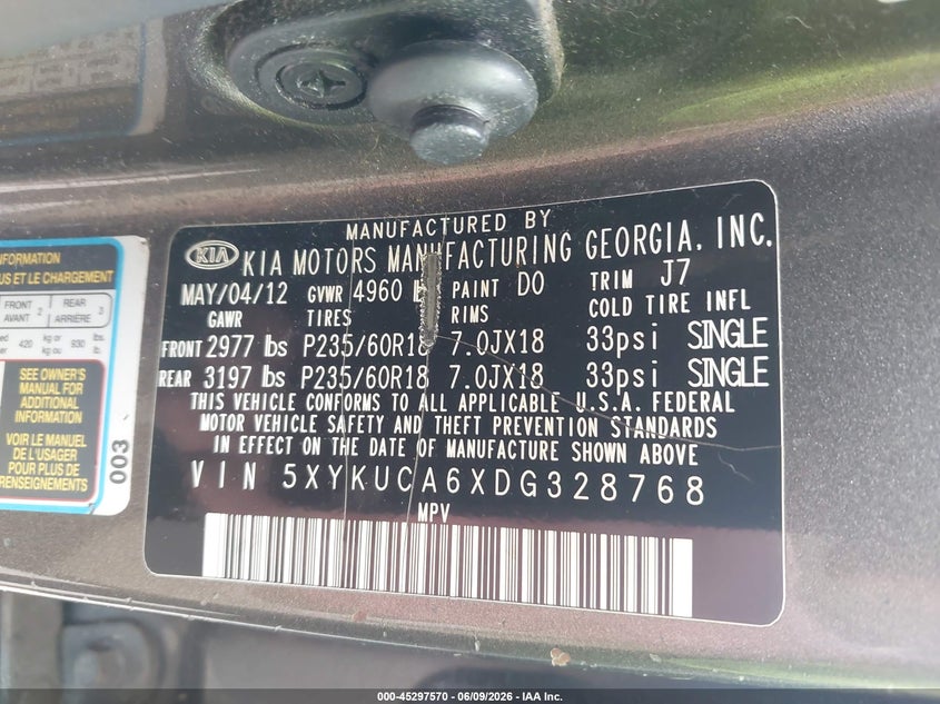 2013 Kia Sorento VIN 5XYKUCA6XDG328768 IAAI salvage auction — FRONT END, Salvage (New Jersey), sold $25 on 2026-07-30 (photo 9)