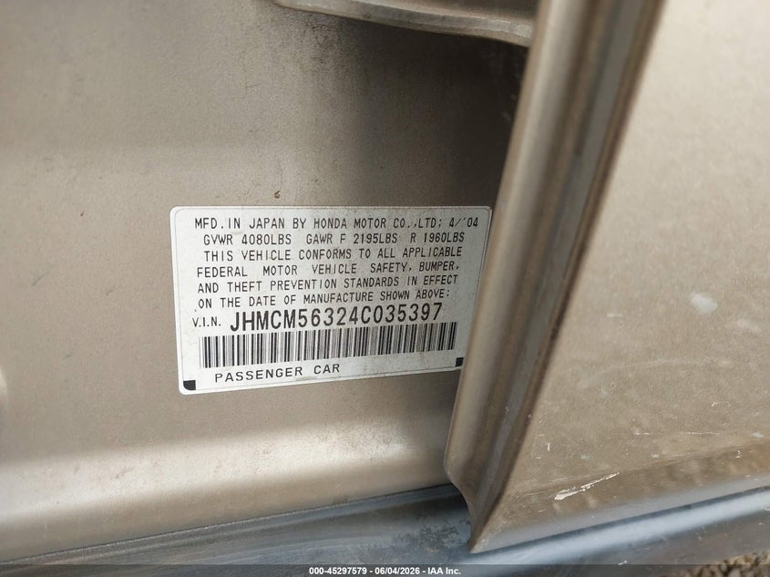 2004 Honda Accord VIN JHMCM56324C035397 IAAI salvage auction — REAR END, Salvage (Texas), sold $450 on 2026-07-13 (photo 9)