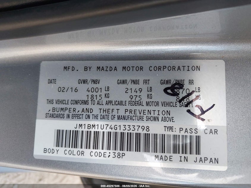 2016 Mazda 3 VIN JM1BM1U74G1333798 IAAI salvage auction — FRONT & REAR, Salvage Title, sold $1,050 on 2026-07-31 (photo 9)