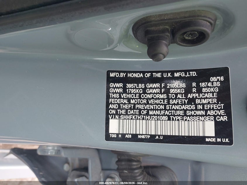 2017 Honda Civic VIN SHHFK7H71HU201089 IAAI salvage auction — FRONT END, Salvage Title, sold $1,100 on 2026-08-02 (photo 9)