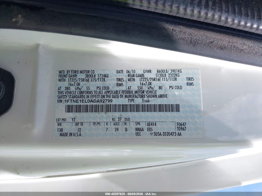 2010 Ford E 150 VIN 1FTNE1EL0ADA92799 IAAI salvage auction — ROLLOVER, Clear (Virginia), sold $575 on 2026-07-07 (photo 9)