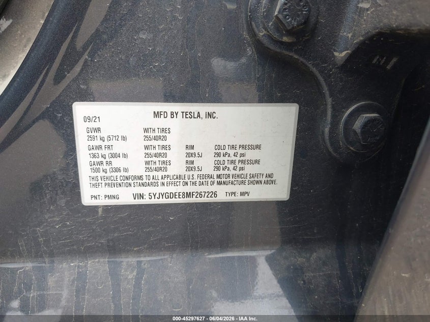 2021 Tesla Model y VIN 5YJYGDEE8MF267226 IAAI salvage auction — RIGHT SIDE, Salvage (Minnesota), sold $8,050 on 2026-08-27 (photo 9)