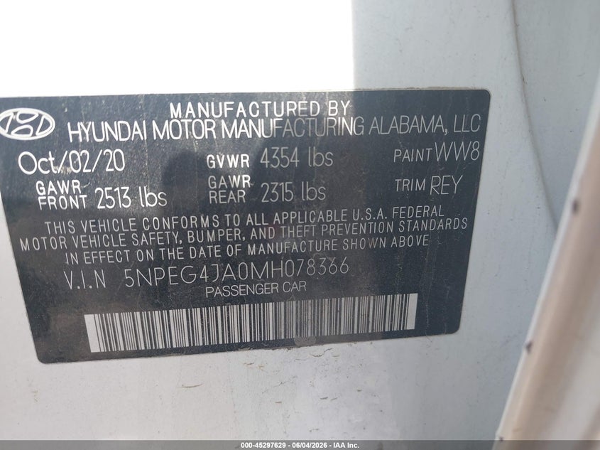 2021 Hyundai Sonata VIN 5NPEG4JA0MH078366 IAAI salvage auction — HAIL, Clear (Oklahoma), sold $4,250 on 2026-08-01 (photo 9)