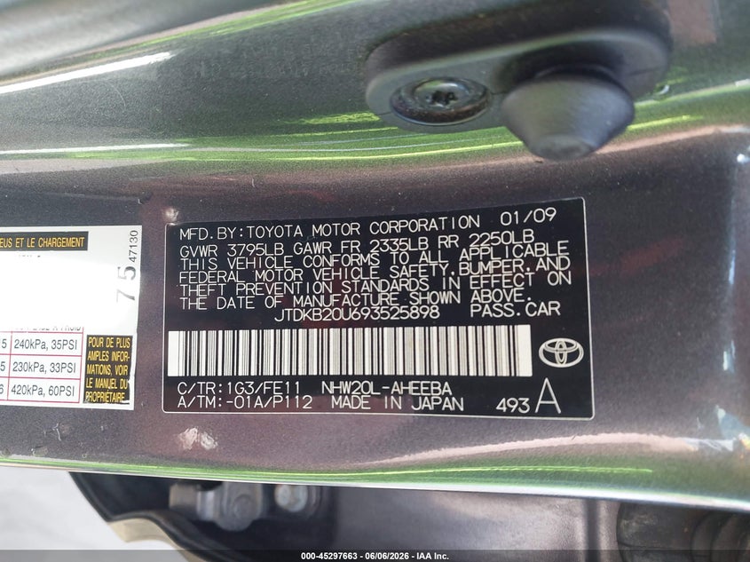 2009 Toyota Prius VIN JTDKB20U693525898 IAAI salvage auction — FRONT END, Salvage (Texas), sold $500 on 2026-07-08 (photo 9)